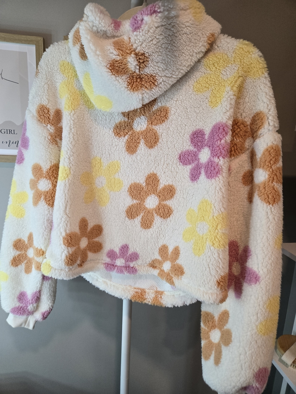 🌸NWT🌷Barbie Floral Plush Hoodie - Cream with Pink, Yellow & Orange Flowers - Picture 9 of 10